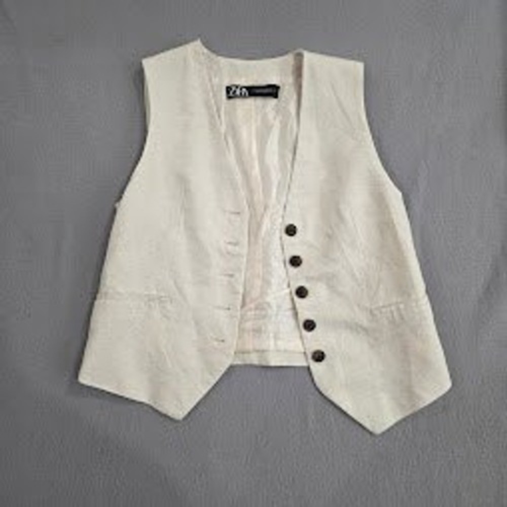 Zara Cream Linen Blend Waistcoat Vest Button Front Tailored Neutral XS 7747/359